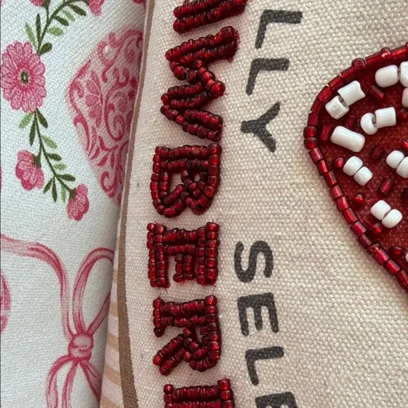 NWT-BEADED (one side) Striped Farmer's Market Tote Bag with Strawberry Design - Picture 6 of 14